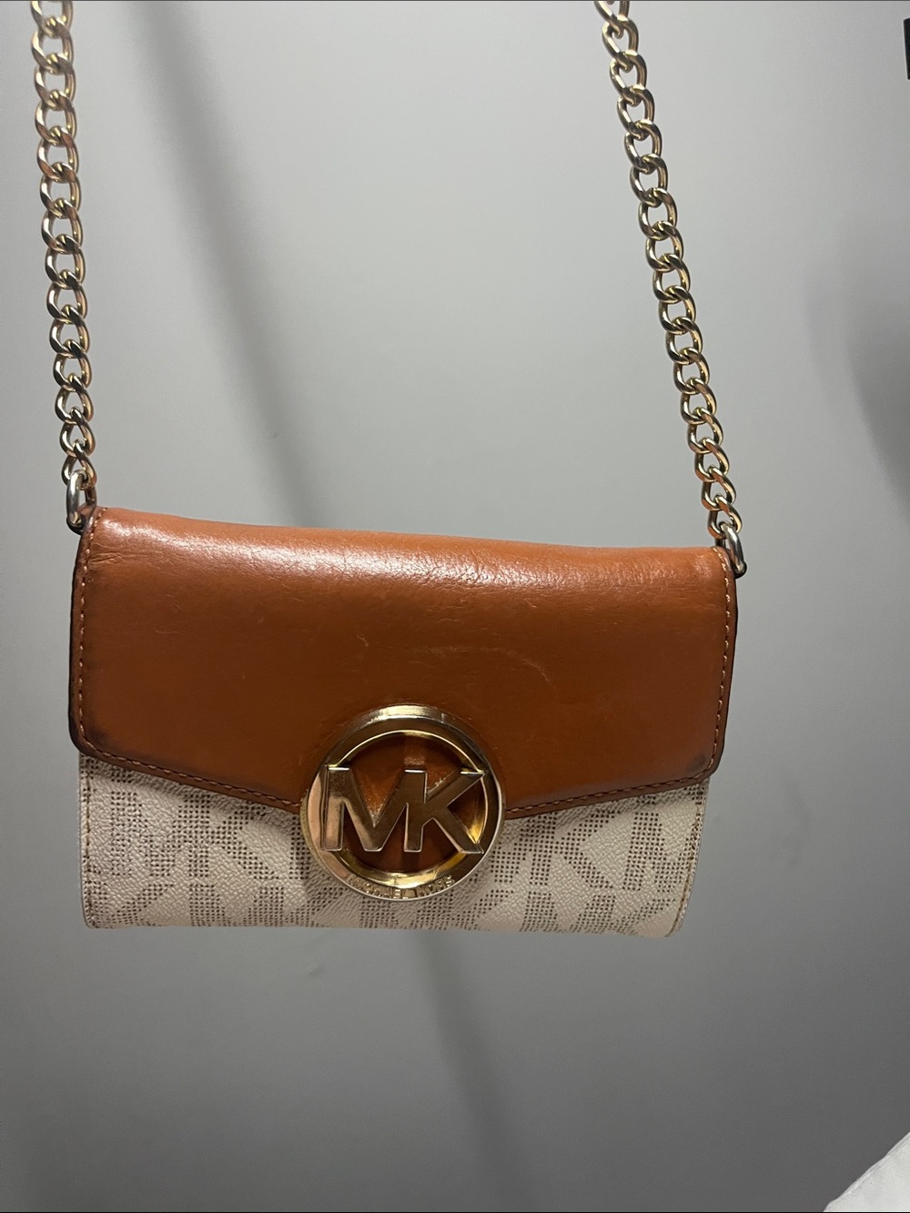 Michael Kors Brown and Cream Logo Chain Crossbody
